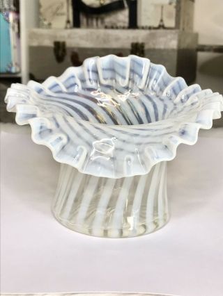 Fenton White Opalescent White Spiral Optic Top Hat Vase 4.  5 " Tall Ruffle Crimped
