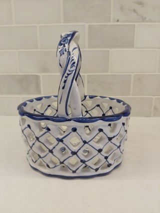 Small Decorative Blue & White Ceramic Basket,  Hand Painted,  Portugal