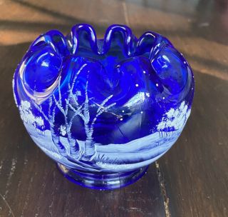 Fenton Glass Rose Bowl Cobalt Blue Hand Painted Winter Snow Scene Signed 100th