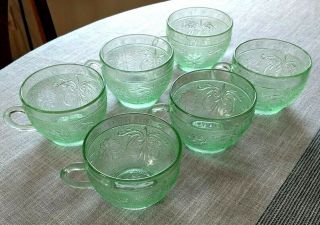 6 Indiana Glass Tiara Chantilly Green Tea Cups Sandwich Pattern