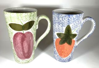 Set Of 2 Gabbay Pottery Tall Coffee Cups Mugs Fruit Multicolor Design 6 " Tall