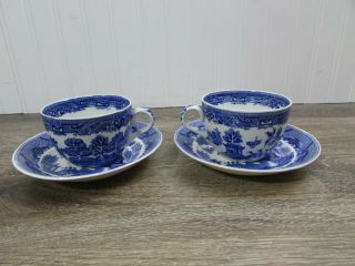 Blue & White W.  Ridgway 1832 Semi China England 2 Tea Cups & Saucers Japan