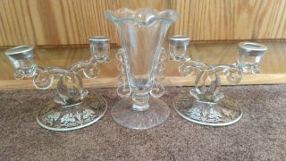 Heisey Lariat Vase & Silver Overlay Double Light Candleholders
