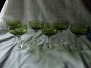 (6) Champagne Sherbet Glasses,  Sasaki Coronation Green Bowl & Clear Twist Stem