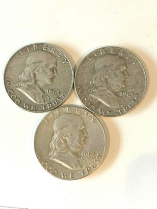 3 Total 1953 - S & 2 - 1963 - D Ben Franklin Silver Half Dollars 90 Silver