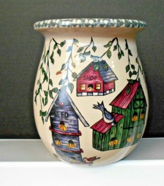 Home & Garden Party " Birdhouse " 1998 Stoneware Pottery Crock / Untensil Holder