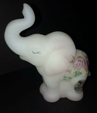 Fenton Art Glass Satin White Burgundy Rose 5058 - Dc Trunk Up Elephant