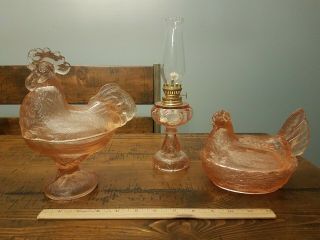 Set Of Pink Depression Glass.  Rooster,  Hen On Nest,  And Miniture Oil Lamp