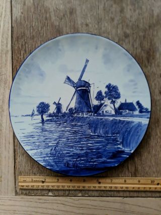 Delft Blauw Hand Painted Collector Plate 10 " Two Windmills Holland Blue White