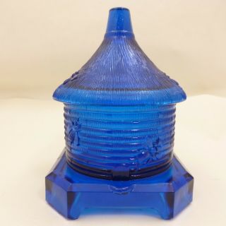 Vintage Imperial Millennium Teal Blue Glass Bee Hive Honey Pot Covered Jar