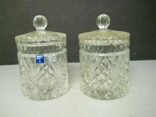 Crystal Clear Lidded Candy Dishes Fan And Hobnail Pattern Set Of 2