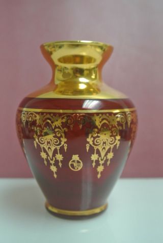 Vecchia Murano Glass Ruby Red Vase 24k Gold Trim - Mark