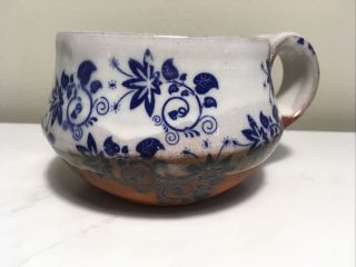 Studio Pottery Redware Mug Hand Thrown Artist Signed White Blue Floral