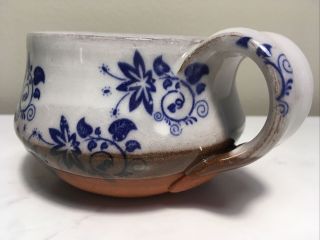 Studio Pottery Redware Mug Hand Thrown Artist Signed White Blue Floral 3