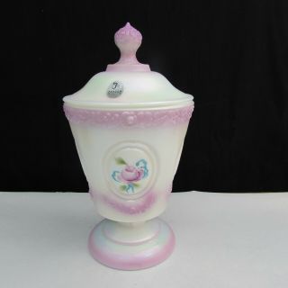 Fenton White Iridized Roses Hand Painted Covered Candy Box P18