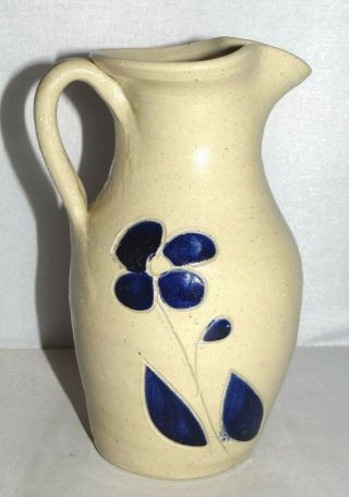 Flower Design Pottery Salt Glaze Cobalt Blue 6 " Pitcher Hand Thrown Williamsburg