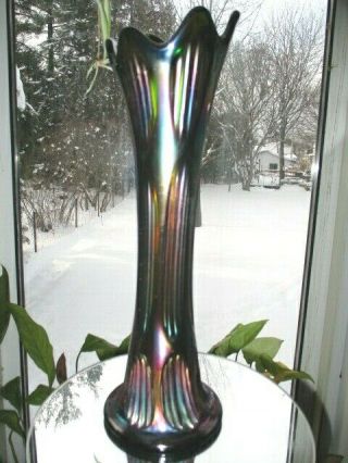 Fenton Radium Green Carnival Glass Swung Vase Diamond & Rib