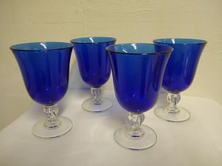 4 Cobalt Blue Glass Water Goblet With Clear Stems And Base 6 1/2 "