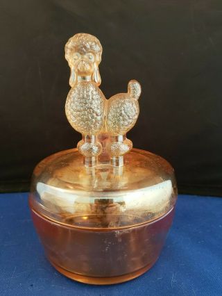 Jeannette Marigold Carnival Glass Poodle Powder Jar Trinket Box 4 " D 6 " H