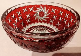 Ruby Red Cut To Clear Crystal Bowl Scalloped Rim 8 In Pinwheel Star Pattern