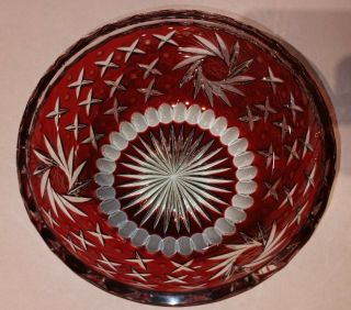 Ruby Red Cut To Clear Crystal Bowl Scalloped Rim 8 in Pinwheel Star Pattern 2