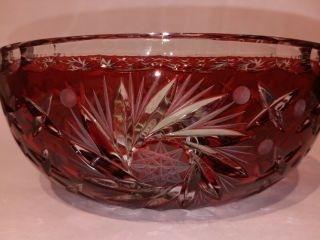 Ruby Red Cut To Clear Crystal Bowl Scalloped Rim 8 in Pinwheel Star Pattern 3