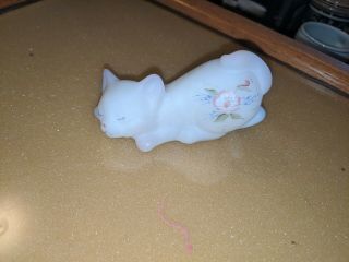 Fenton Hand Painted Cat Satin White Signed By Artist With Label