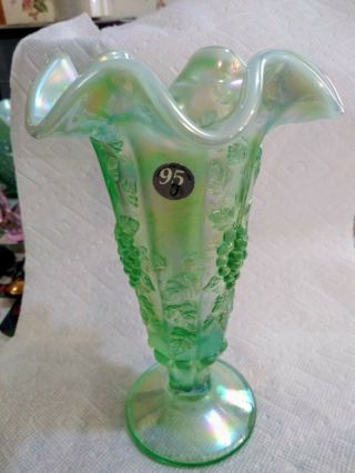 Fenton Art Glass Green Iridescent Panel Grape Vase 95th Year Anniversary
