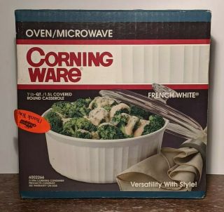 Vintage Nos 1994 Corning Ware 1 - 1/2 Qt Covered Round Casserole French White Usa