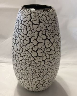 Mid Century West Germany White Crackle Glaze On Black Art Pottery Vase 7 1/4 In