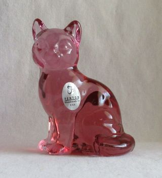 Vintage Fenton Pink Cranberry Art Glass Cat Animal Figurine With Sticker