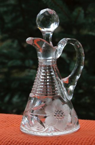 Vintage Crystal Clear Heavy Cut Glass Cruet With Stopper Oil Or Vinegar