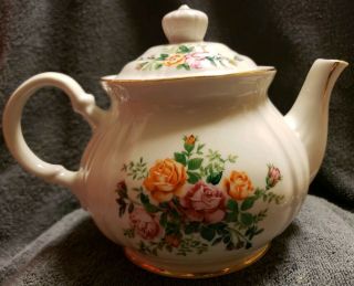 Robinson Design Group Tea Coffee Pot Orange Pink Red Roses Gold Trim 1989