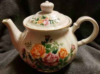 Robinson Design Group Tea Coffee Pot Orange Pink Red Roses Gold Trim 1989 3