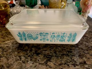 Pyrex Amish Butterprint Turquoise On White Refrigerator Dish&lid 0503 1 - 1/2qt