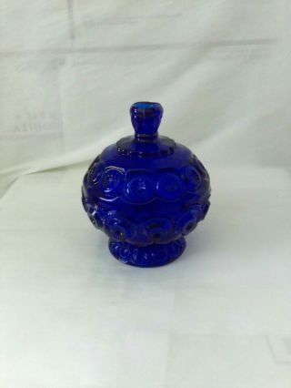 L.  E.  Smith Cobalt Blue Glass Moon & Stars Round Covered Candy Dish