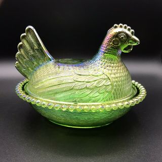 Vintage Indiana Glass Green Iridescent Carnival Glass Hen On Nest Candy Dish