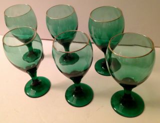 Set Of 6 Libbey Juniper Green Glass 6 3/4 " Wine Goblets With Gold Rims
