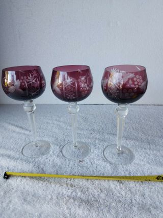 Bohemian Cut To Clear 8 " Wine Stems Purple Amethyst - Set Of Three