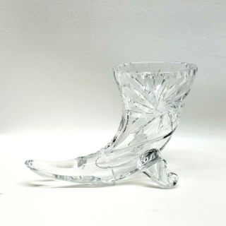Heavy Lead Crystal Cut Glass Horn Of Plenty / Cornucopia Centerpiece
