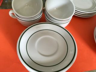 4 - Shenango China Restaurant Ware White With Green Stripe Coffee Cups And Saucer