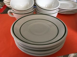 4 - SHENANGO CHINA RESTAURANT WARE White with Green STRIPE COFFEE CUPS And Saucer 2