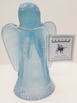 Blue Iridescent Angel Hand Painted With Snowflakes Signed Fenton