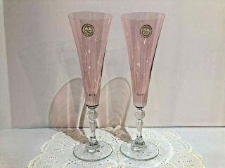 Vintage Crystal Clear Pink Champagne Flutes Glasses W Clear Stems Made In Turkey