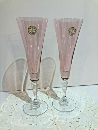 Vintage Crystal Clear Pink Champagne Flutes Glasses w Clear Stems Made in Turkey 2