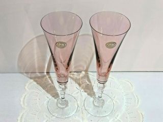 Vintage Crystal Clear Pink Champagne Flutes Glasses w Clear Stems Made in Turkey 3