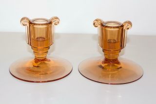 Vintage Set/2 Deco Glass Candlesticks Candle Holders Peach Orange Grecian Urn