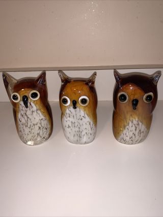 Murano Style Amber White Art Glass Set Of 3 Owls Fig.  Hand Blown 4 1/2 "