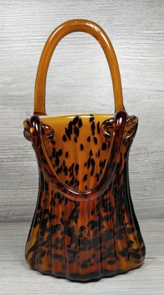 Vtg Murano Glass Purse Brown Black Orange Handle Down Tiger Leopard Italy Plant