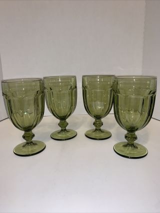 Set Of 4 Vtg.  Libbey Duratuff Gibraltar Olive Green Glass Goblets 7”